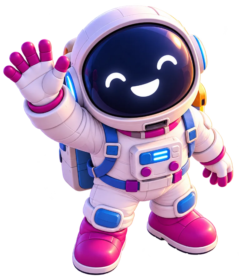 A smiling astronaut in a white spacesuit with magenta gloves and boots, waving against a purple and orange space landscape.
