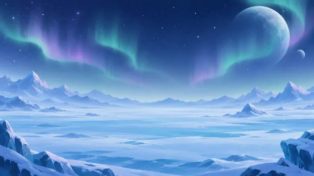 An icy landscape with blue mountains, a distant planet and glowing green auroras.