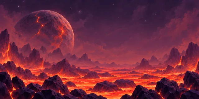 Orange lava flowing between dark volcanic peaks beneath a cracked, glowing planet.