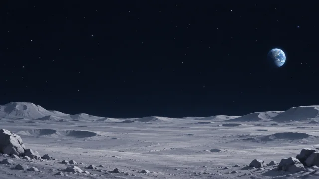 A cratered lunar landscape beneath a starry sky, with Earth above the horizon.