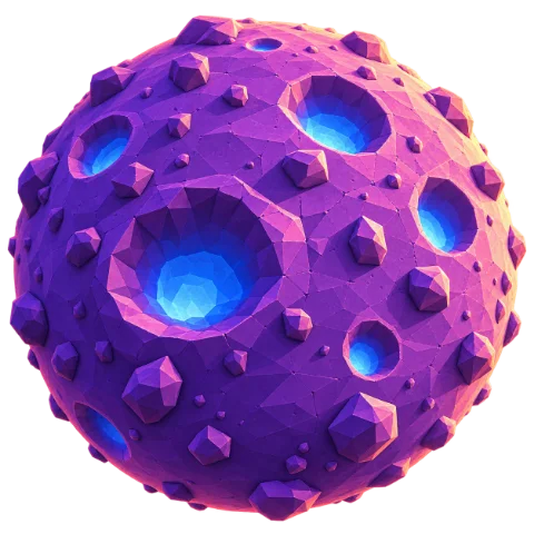A purple, faceted planetoid with glowing blue craters, from the game's development artwork.